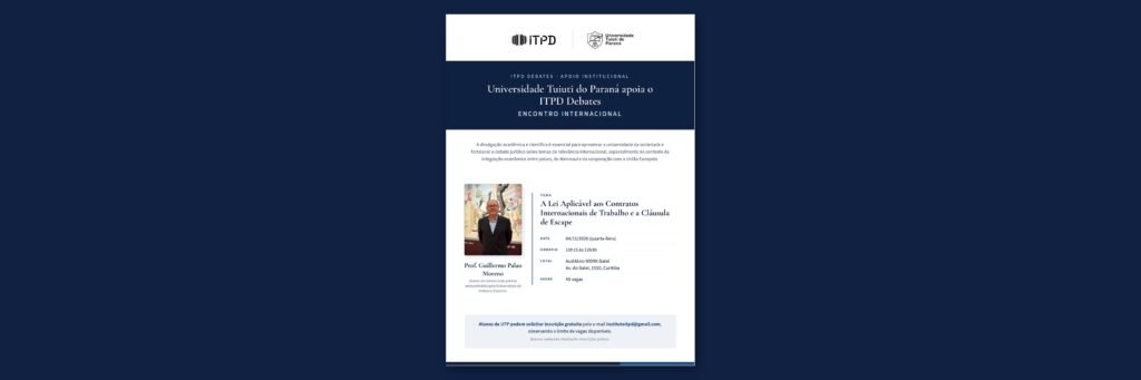 Banner: Universidade Tuiuti do Paraná apoia o ITPD Debates – Encontro Internacional, com o Prof. Guillermo Palao Moreno, 04/11/2026, em Curitiba